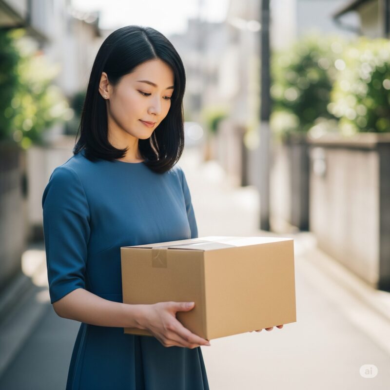 女性が100サイズの段ボールを持っている
