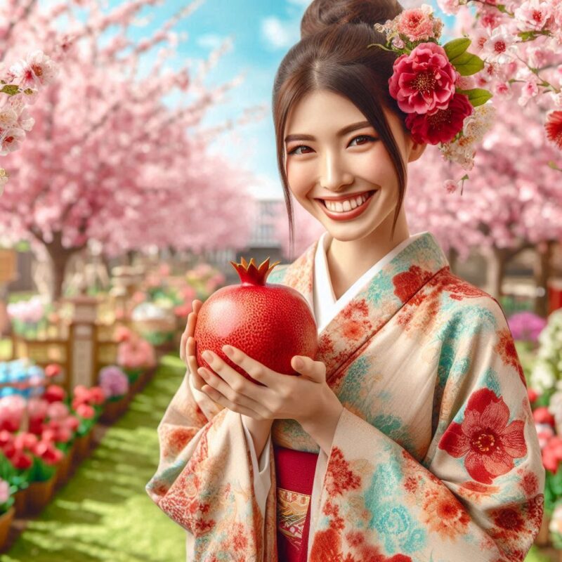 ザクロを持っている日本の女性