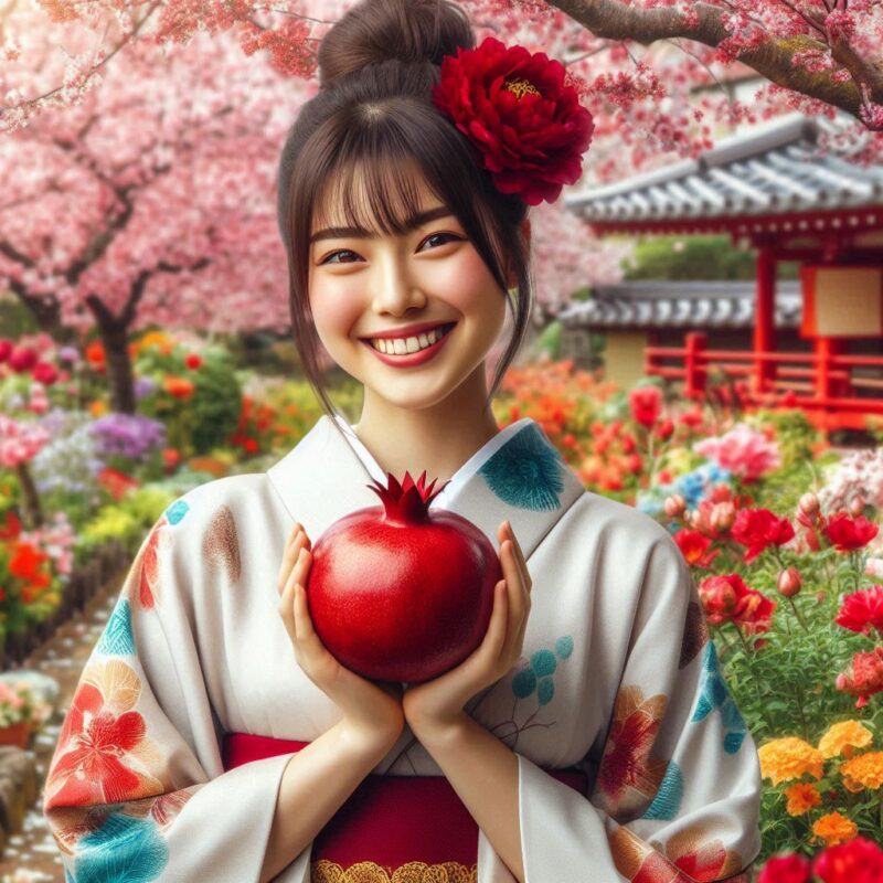 ザクロを持っている日本の女性