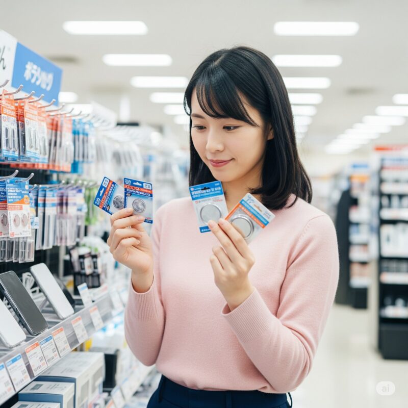 ボタン電池を見ている女性