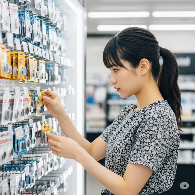 ボタン電池を見ている女性