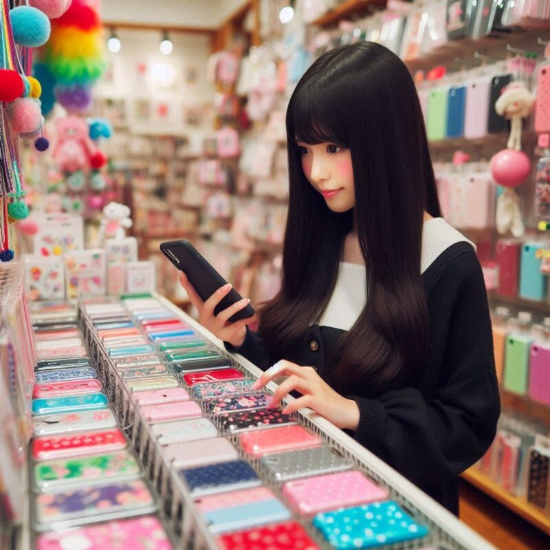 iphoneケースを見ている女性