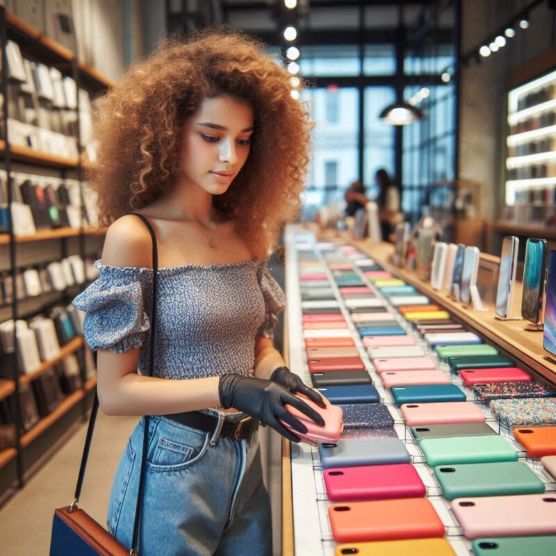 iphoneケースを見ている女性