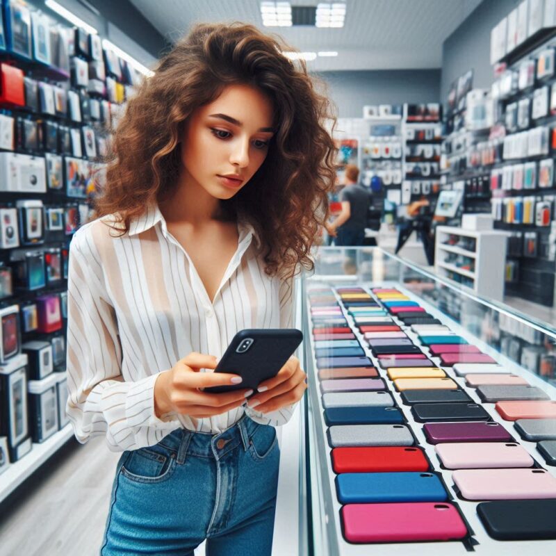 iphoneケースを見ている女性