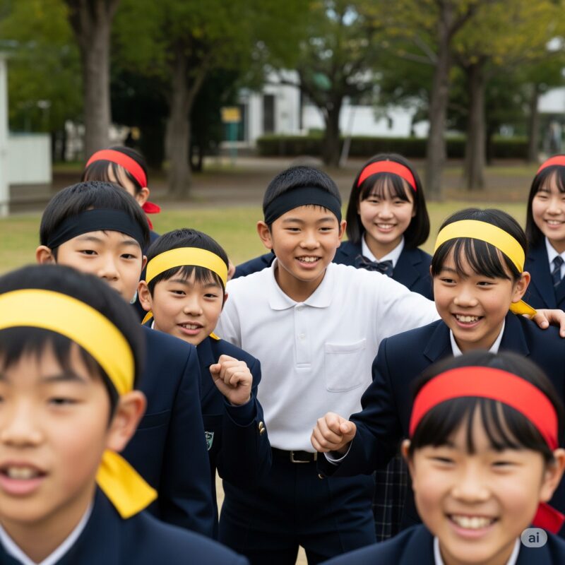 ハチマキをしている学童たち