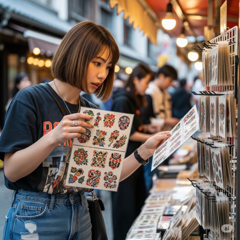 タトゥ シールを探している女性