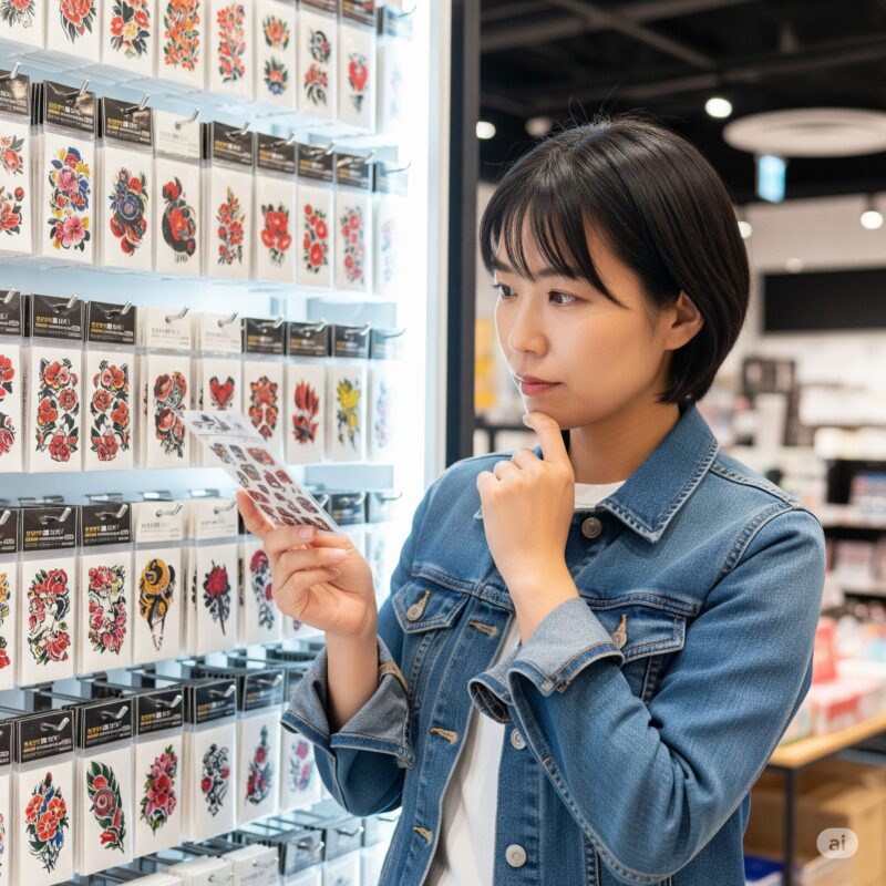 タトゥ シールを探している女性
