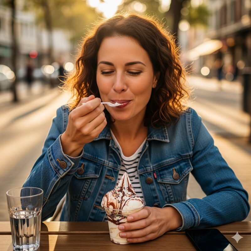ブリュレアイスを食べる女性