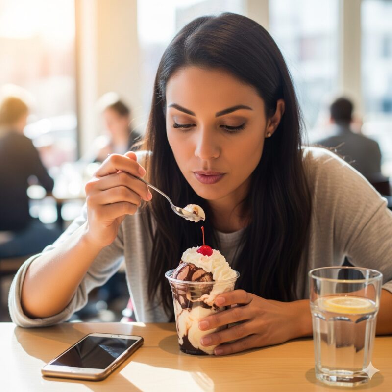 ブリュレアイスを食べる女性