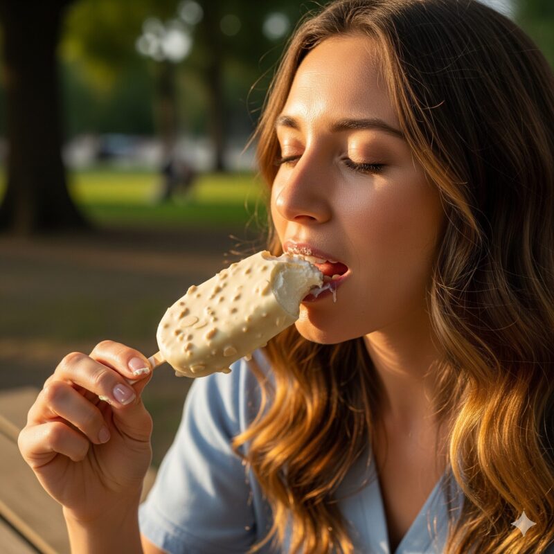 板 チョコ のアイス ホワイトを食べる女性