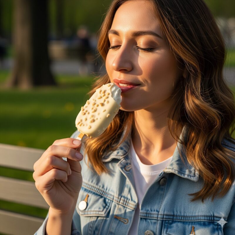 板 チョコ のアイス ホワイトを食べる女性