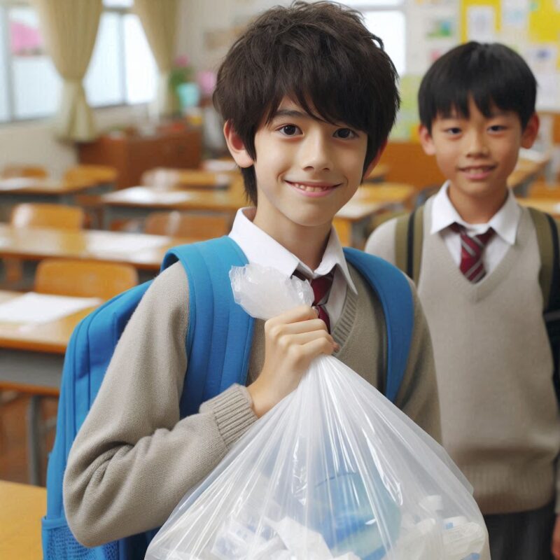 大きい ビニール 袋を持っている児童