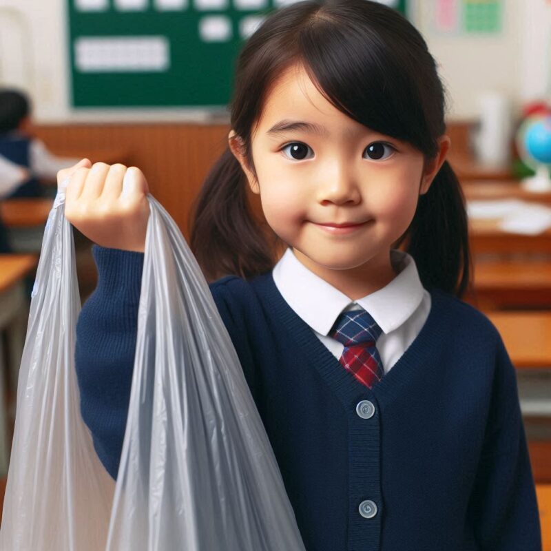 大きい ビニール 袋を持っている児童