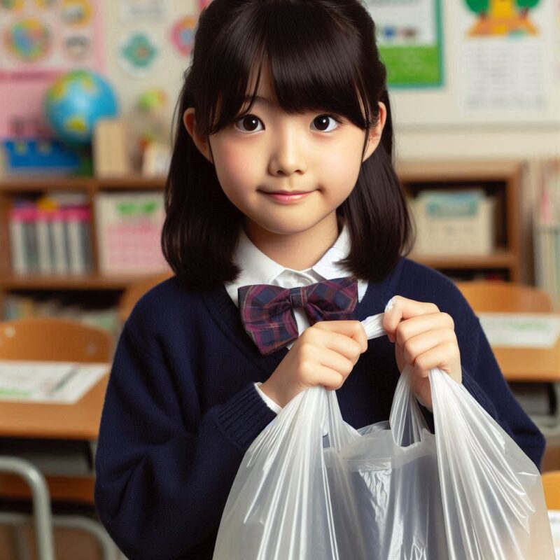 大きい ビニール 袋を持っている児童