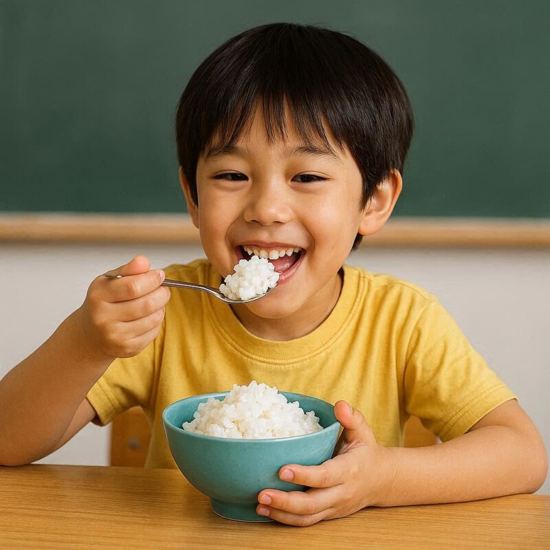 外 国産 米 を食べている児童