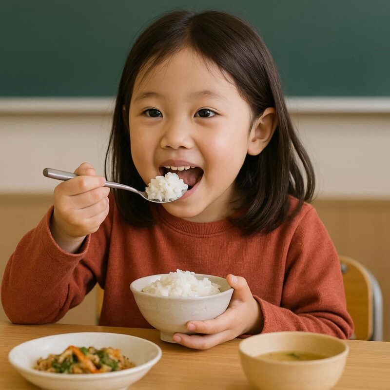 外 国産 米 を食べている児童