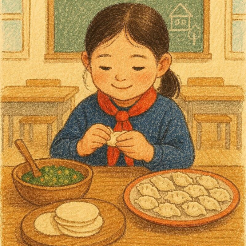 モランボン の餃子 の 皮で餃子を作っている女性