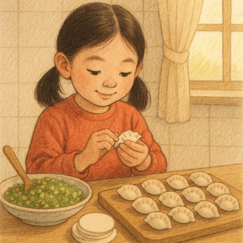 モランボン の餃子 の 皮で餃子を作っている女性