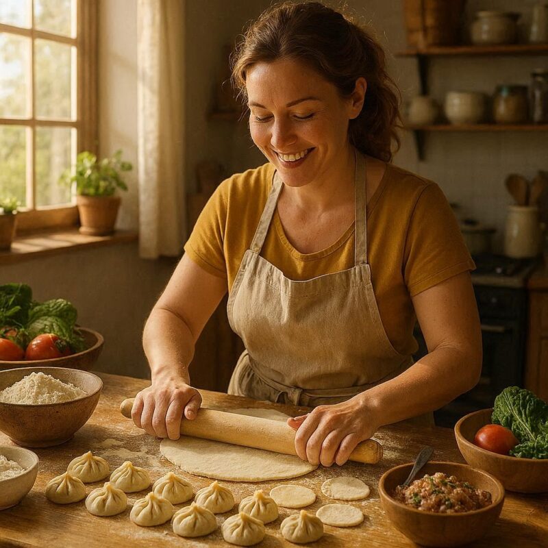 モランボン の餃子 の 皮で餃子を作っている女性