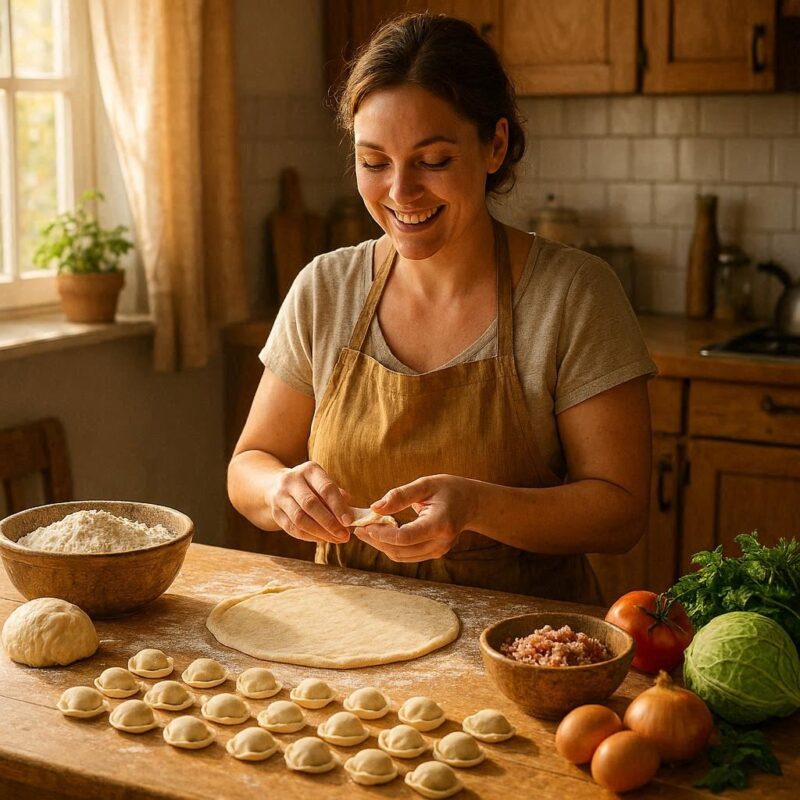 モランボン の餃子 の 皮で餃子を作っている女性