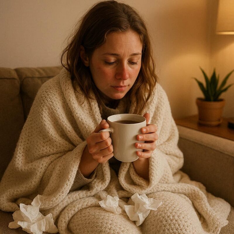 風邪気味で百合油を塗っている女性