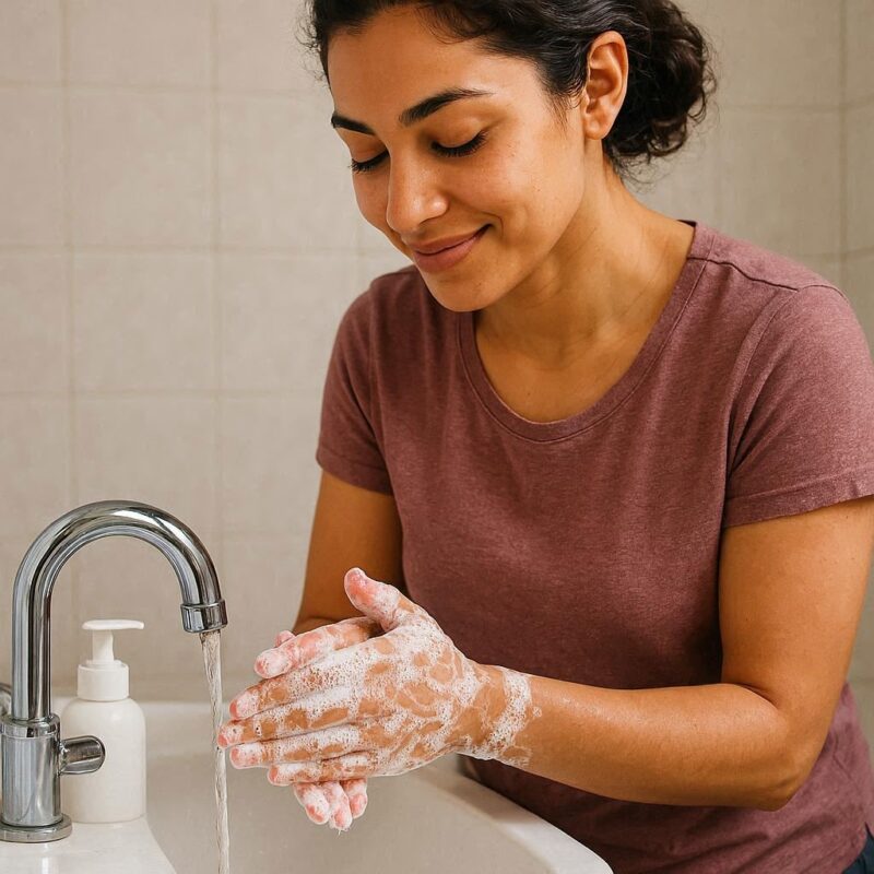 逆 性 石鹸 100 均で手を洗っている女性