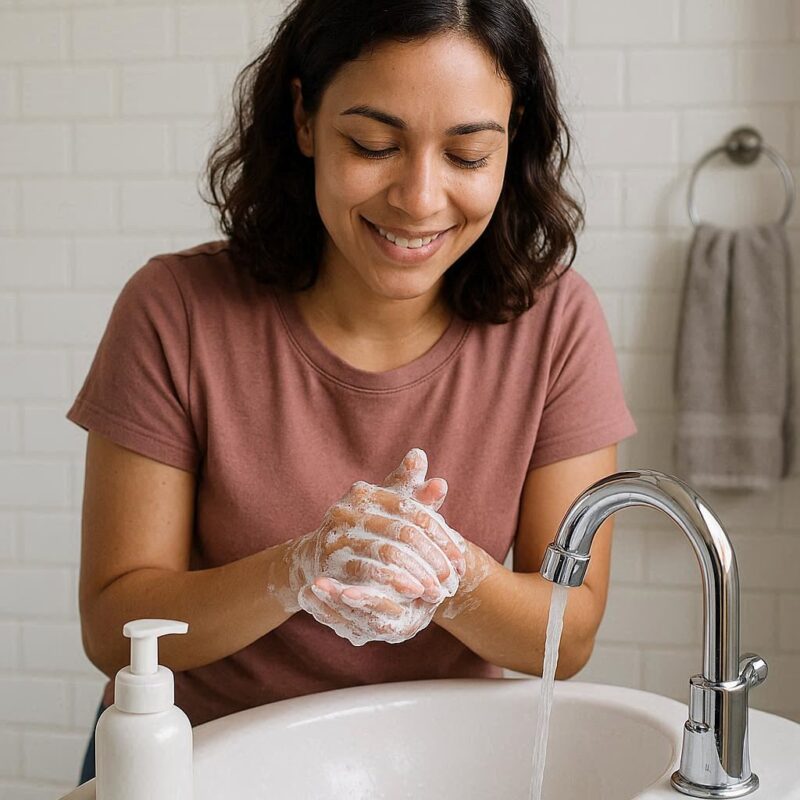 逆 性 石鹸 100 均で手を洗っている女性