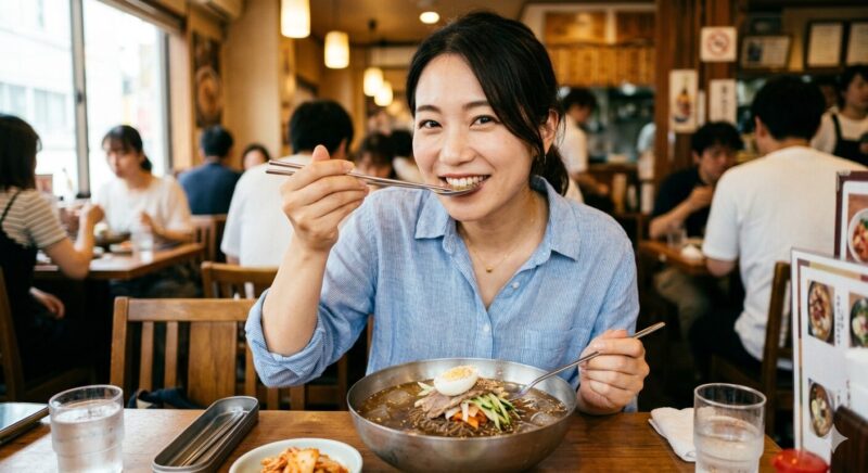 ぴょんぴょん 舎 冷 麺 食べている女性