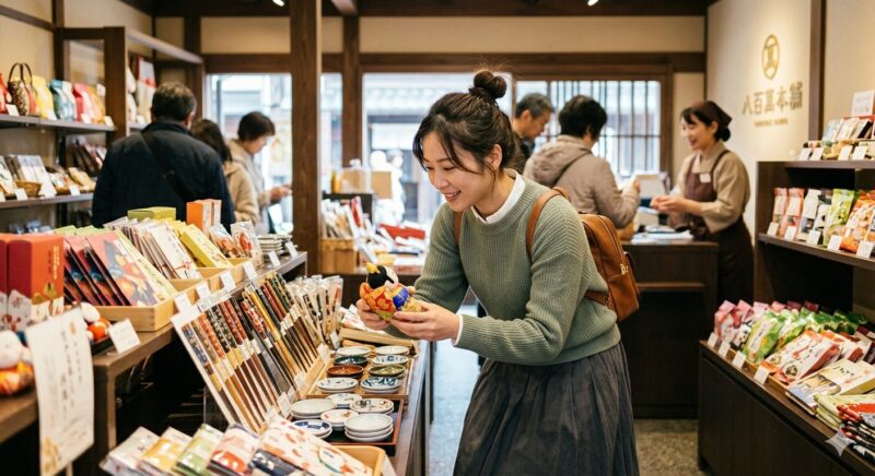 金沢でひゃく まん さん グッズ を探している女性