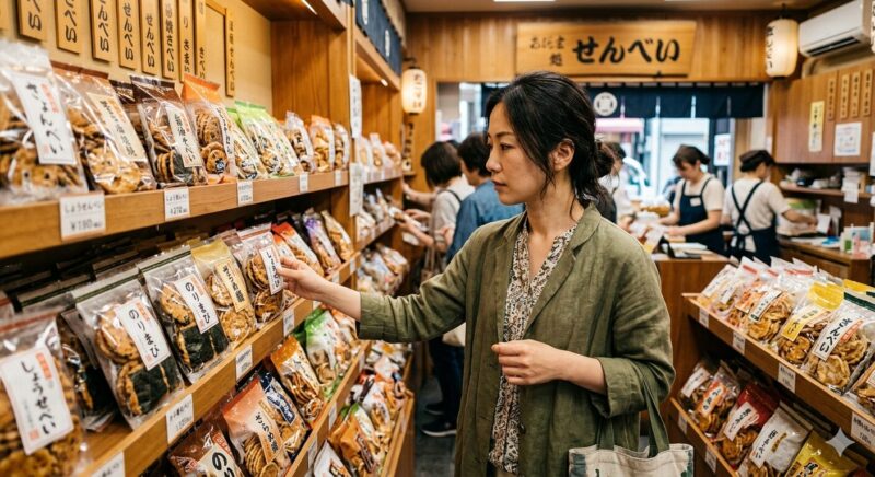 ねぎ みそ せんべいを探している女性