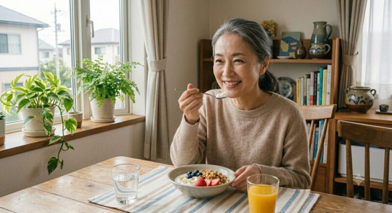 クリーミー ヨーグルト ボウルを食べている女性