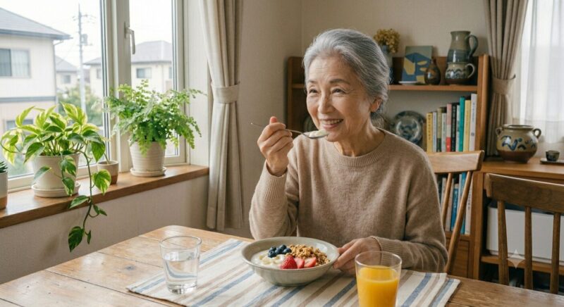 クリーミー ヨーグルト ボウルを食べている女性