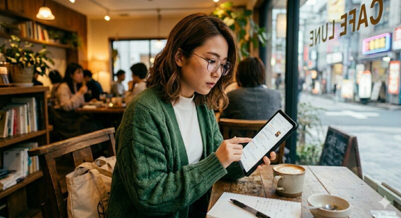 キヌユイ化粧品の 口コミを見ている女性