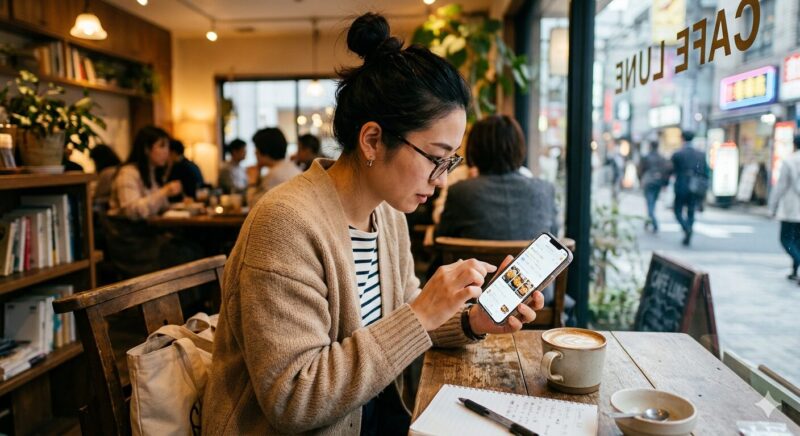 キヌユイ化粧品の 口コミを見ている女性