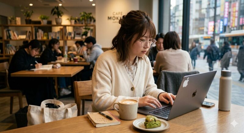 キヌユイ化粧品の 口コミを見ている女性