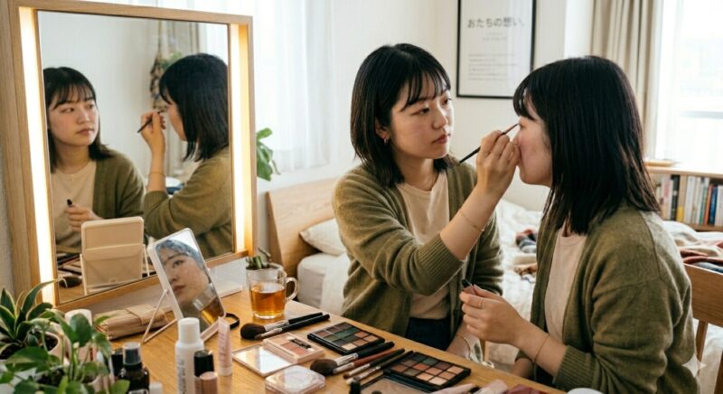 キヌユイの化粧品で化粧をしている女性