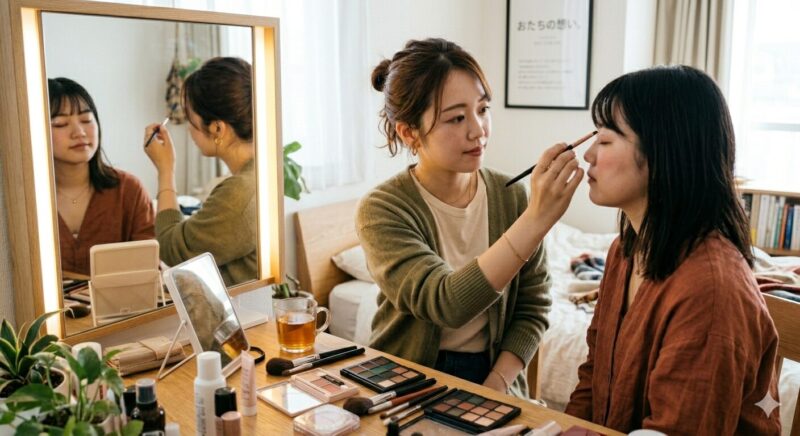 キヌユイの化粧品で化粧をしている女性