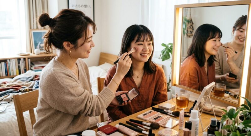キヌユイの化粧品で化粧をしている女性