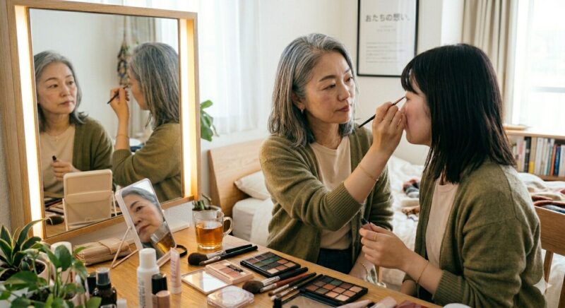 キヌユイの化粧品で化粧をしている女性