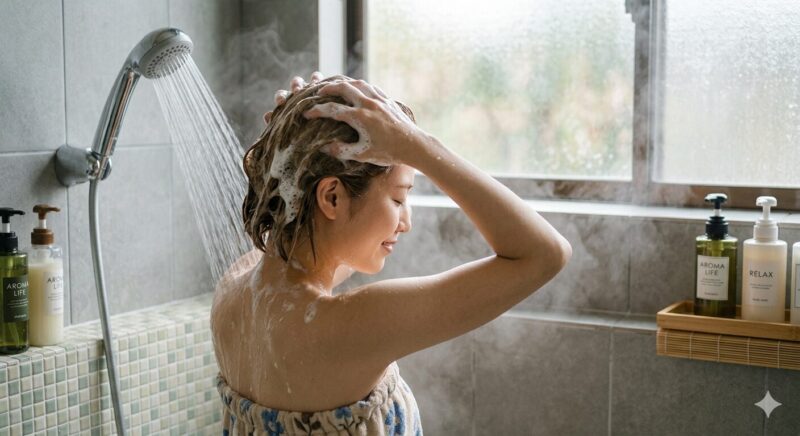 キュラップ シャンプーで髪の毛を洗っている女性