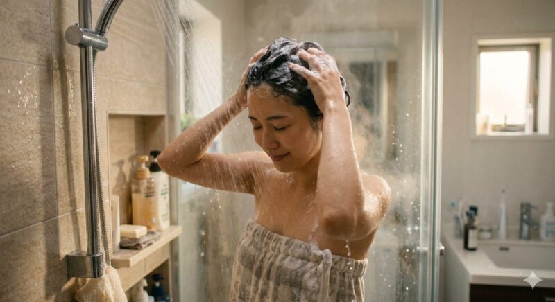 キュラップ シャンプーで髪の毛を洗っている女性