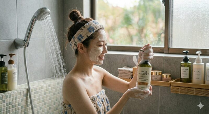 キュラップ シャンプーで髪の毛を洗っている女性