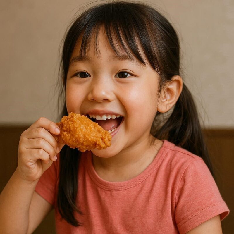 チキンを食べている女性