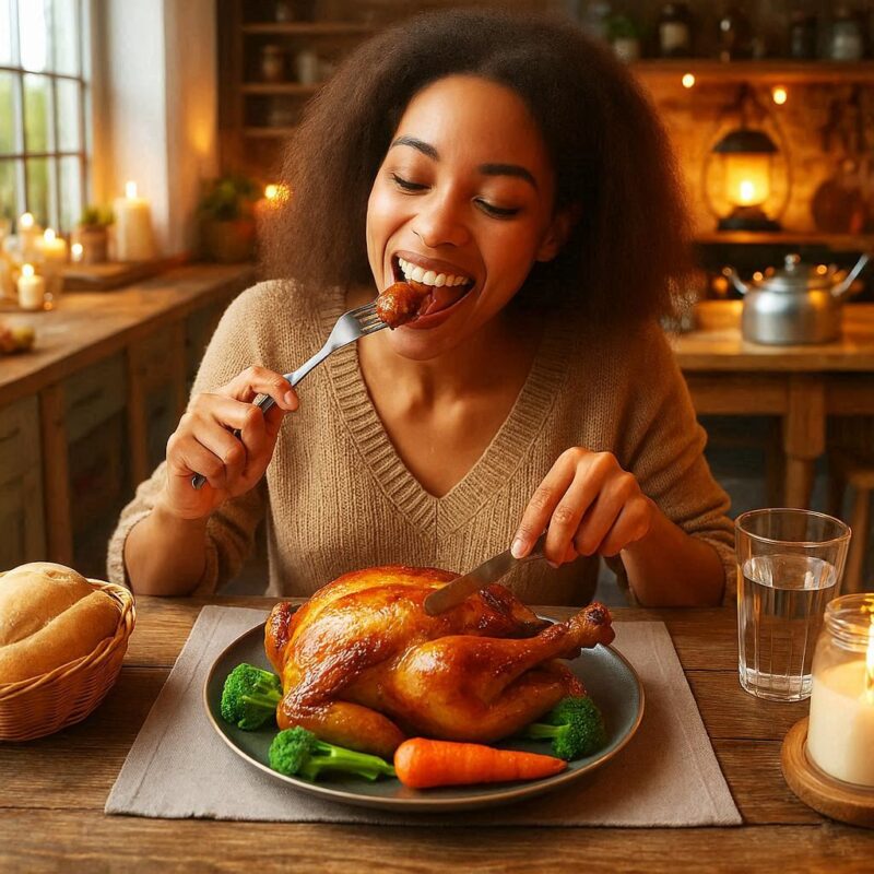 チキンを食べている女性