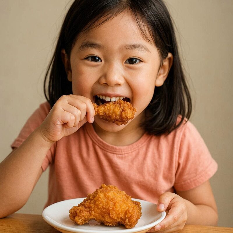チキンを食べている女性