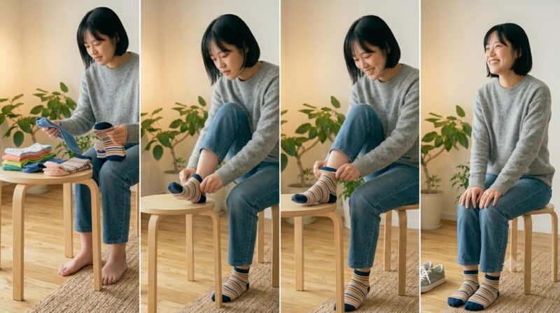 ソック タッチ を利用して靴下を履いている女性