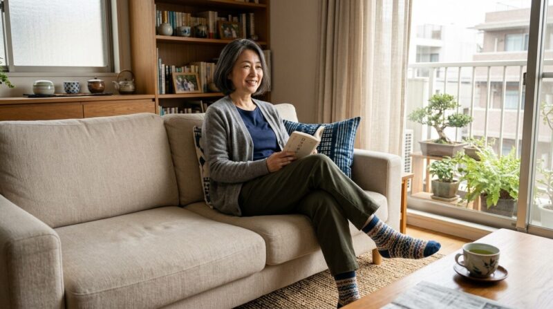 ソック タッチ を利用して靴下を履いている女性