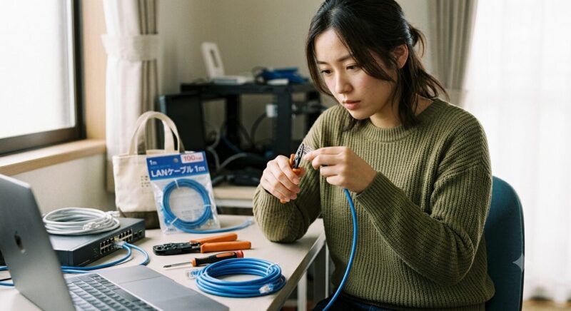 セリア でlan ケーブルを探している女性