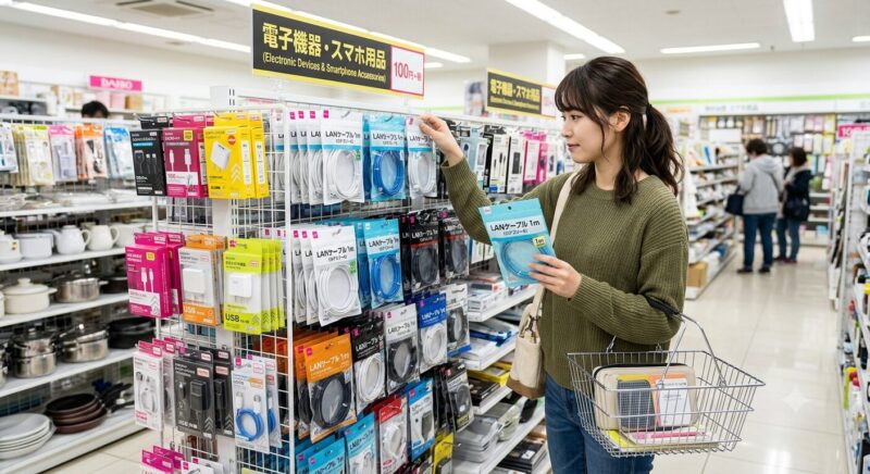セリア でlan ケーブルを探している女性