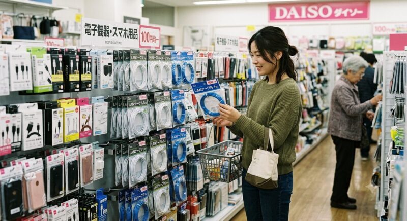 セリア でlan ケーブルを探している女性